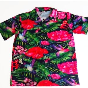 JimmyJob Button Up Shirt Man L‎ Black Floral Tropical Short Sleeves Soft Cruise